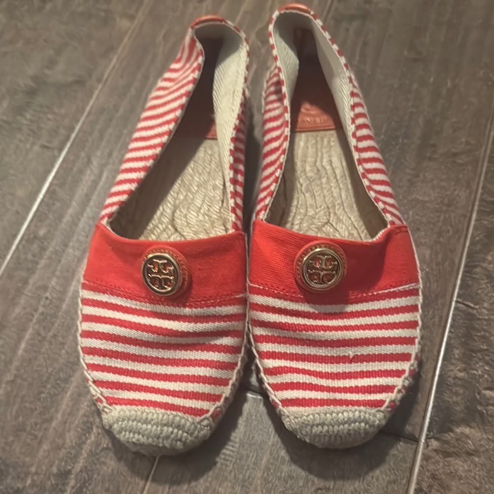 Tory Burch Striped Espadrille.  Size 8.   Poppy Red/Orange and Canvas.